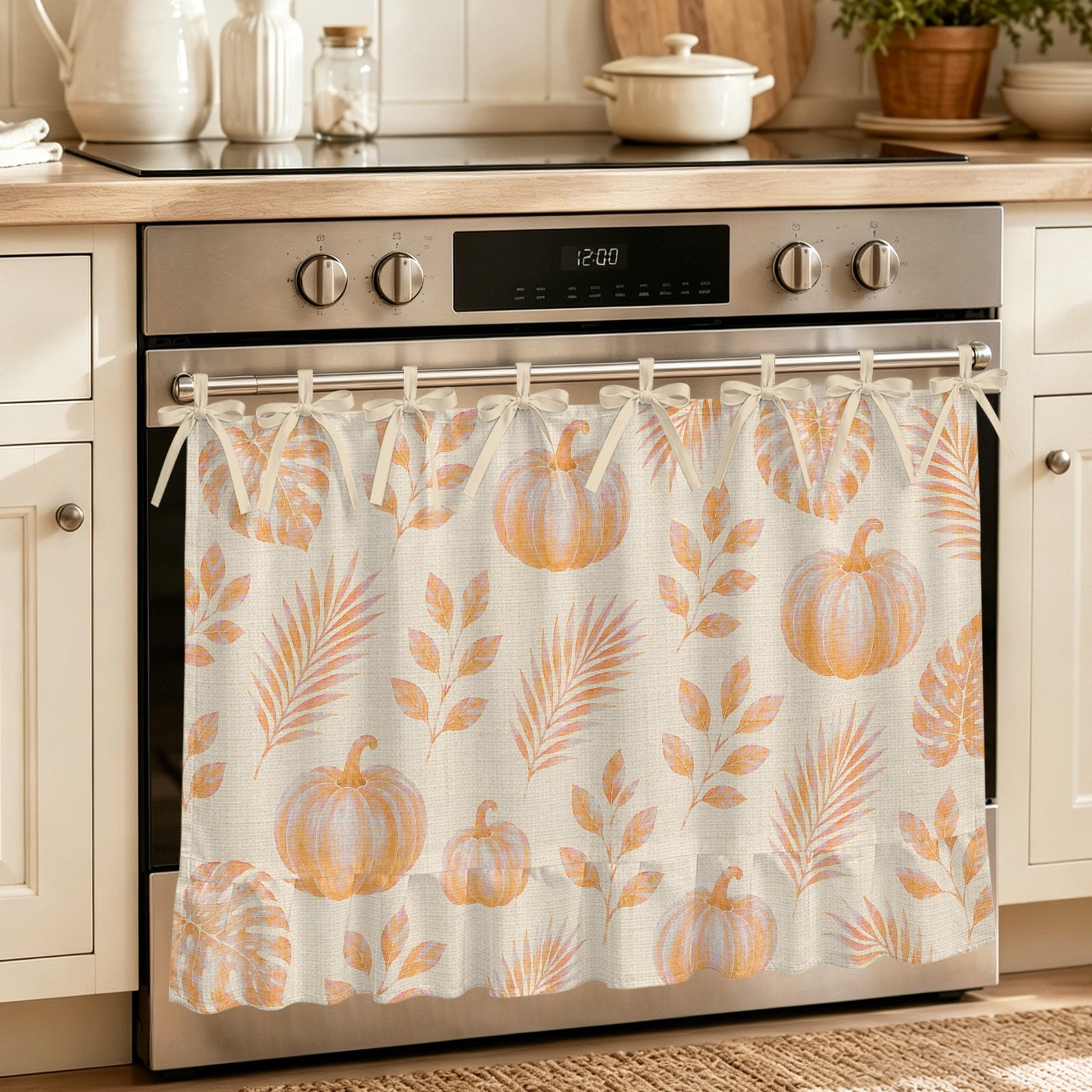 Orange Pumpkins Fall Oven Skirt for Farmhouse Kitchen D&eacute;cor Thanksgiving Tropical Palm Rustic Oven Curtain Tie Top Decorative Stove Skirt Cabinet Dish Washer Curtains with 8 Ribbon Ties 27 x20