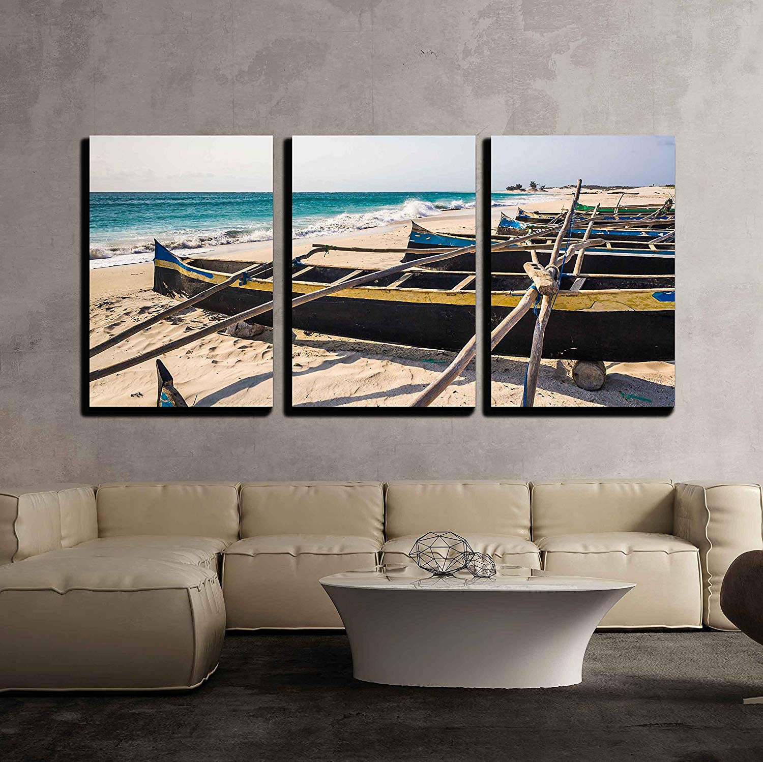 wall26 - 3 Piece Canvas Wall Art - Fishing Canoes on the Beach of ...