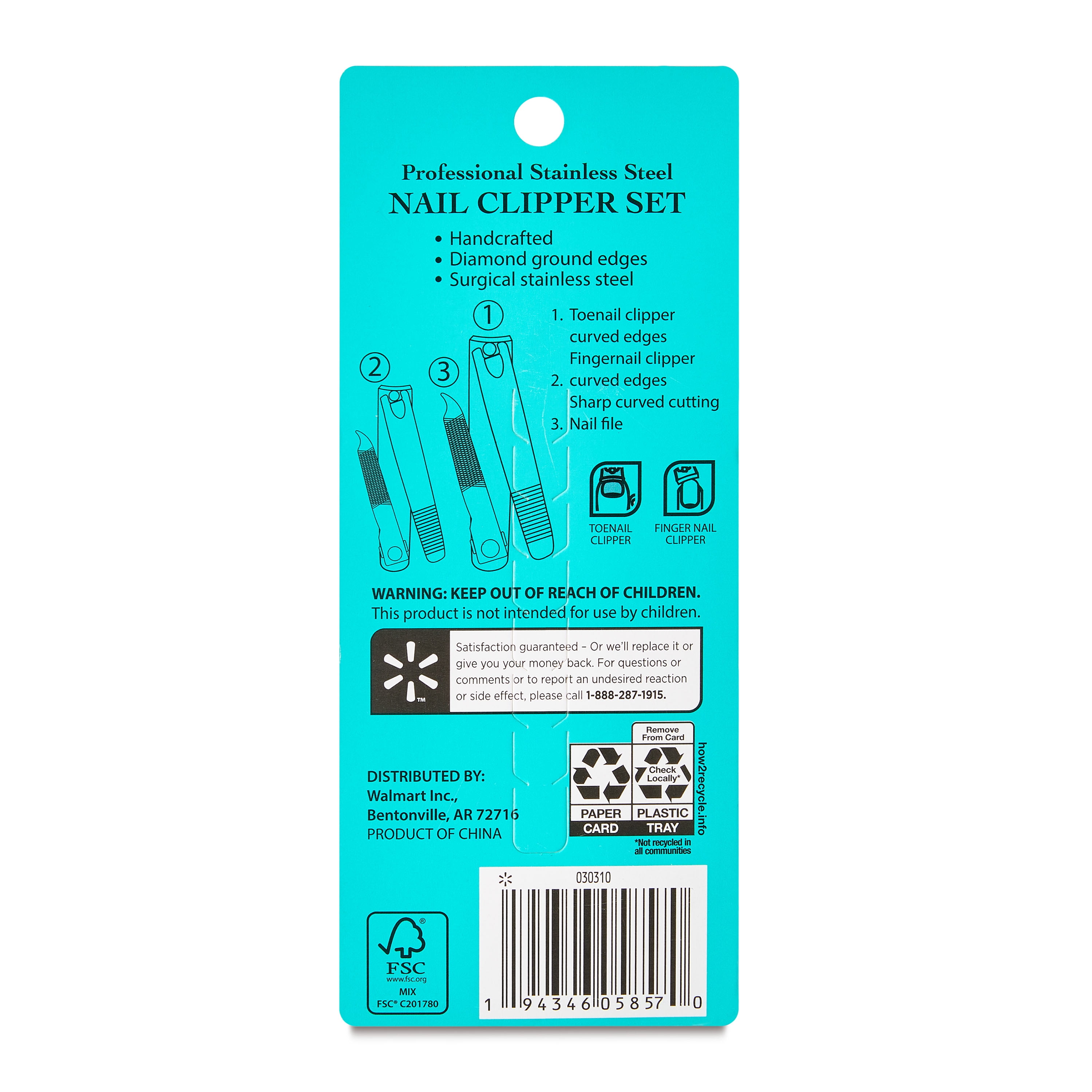 Equate Stainless Steel Toenail and Fingernail Clippers with File, 1 Count