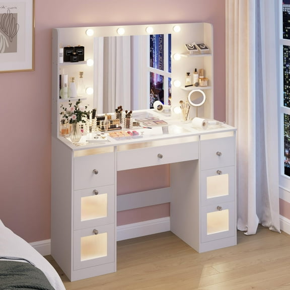 ABOVOBA Makeup Vanity with Lights 3 Colors, Glass Top Vanity Desk with 7 Lighted Drawers, 4 Shelves, Power Outlet, Mirror for Bedroom, Dressing Table with Mirror for Women, White