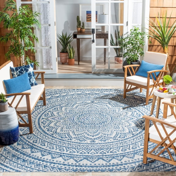 SAFAVIEH Courtyard Josiah Floral Medallion Indoor/Outdoor Area Rug, 8' x 11', Light Grey/Blue