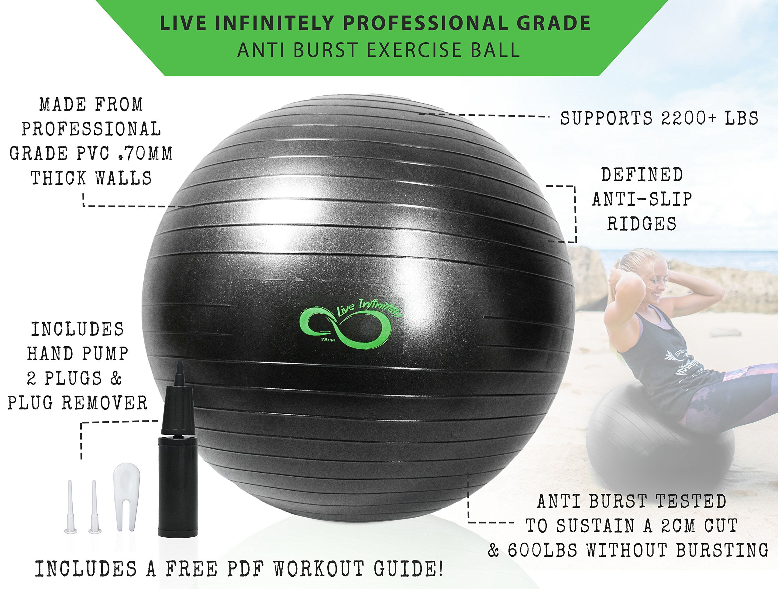 Anti Burst Tested Supports 2200lbs Extra Thick Professional Grade Balance /& Stability Ball Live Infinitely Exercise Ball Includes Hand Pump /& Workout Guide Access 55cm-95cm