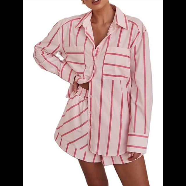 Conjuntos de Dos Piezas A Rayas para Mujer: Camisas Abotonadas y Pantalones Cortos, Conjuntos de Estar por Casa A Juego. Rosa L
