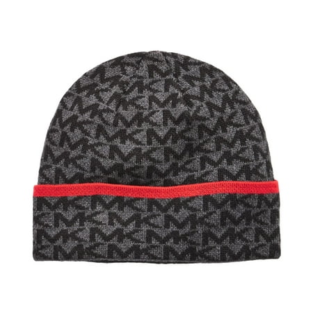 Michael Kors Men's Hat Red One Side Striped Logo Beanie Black One Size