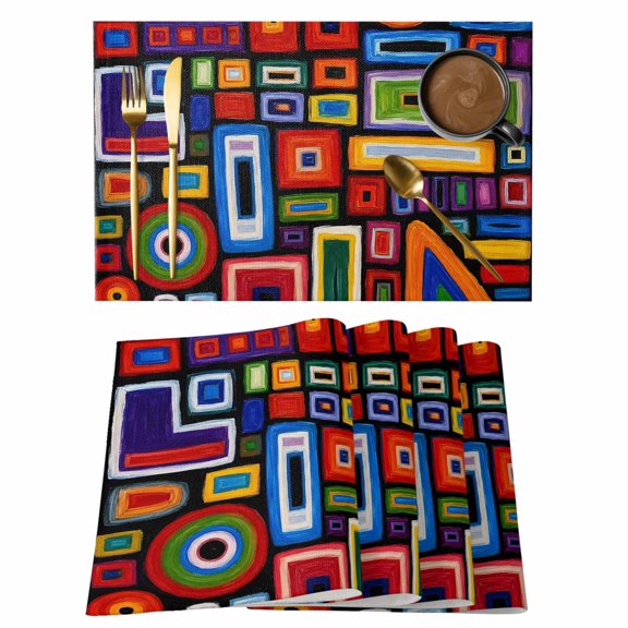 Concentric Squares Placemats Set of 12, Abstract Vintage Red Blue Yellow Geometric Non-Slip Place Mats Washable Table Mats for Kitchen Dining Table Decorations Indoor/Outdoor