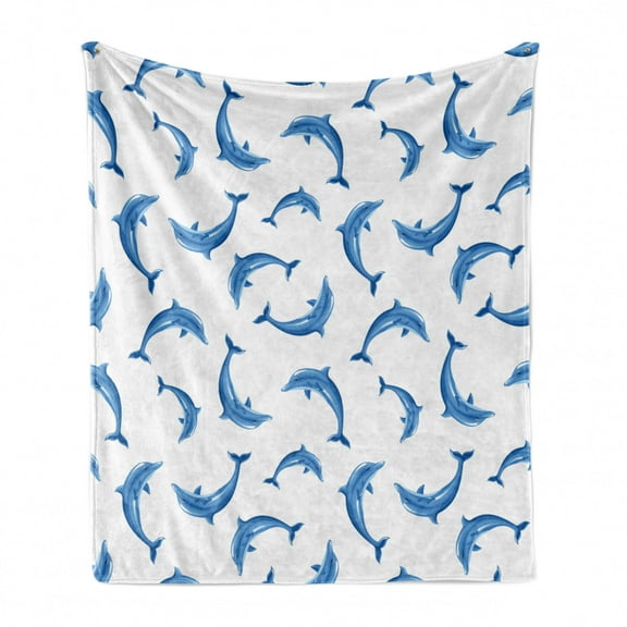 Sea Animals Soft Flannel Fleece Throw Blanket, Pattern Dolphins Illustration Ornamental Nature Under the Wildlife Marine, Cozy Plush for Indoor and Outdoor Use, 60" x 80", Blue White, by Ambesonne