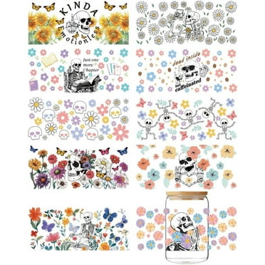 10 Sheets Skeleton UV DTF Cup Wraps, Halloween Style Skull Rub on Transfers Cup Stickers Waterproof UV DTF Cup Wraps for 16Oz Glass Halloween Decor DIY Crafts
