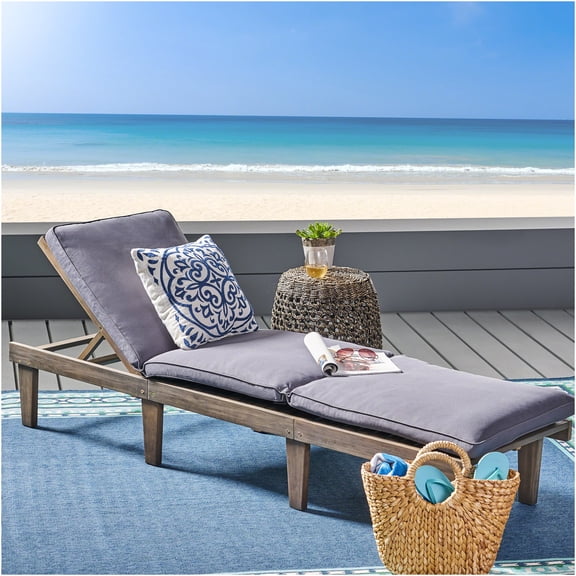 JERFIT Grey Acacia Wood Chaise Lounge with Water Resistant Cushion, Outdoor Patio Poolside Recliner Chair
