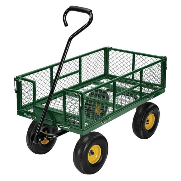 Garden Cart Heavy Duty Steel with Removable Mesh Sides to Convert into Flatbed, Utility Carts with Wheels, Yard and Garden Wagon, 600 Lb, Green