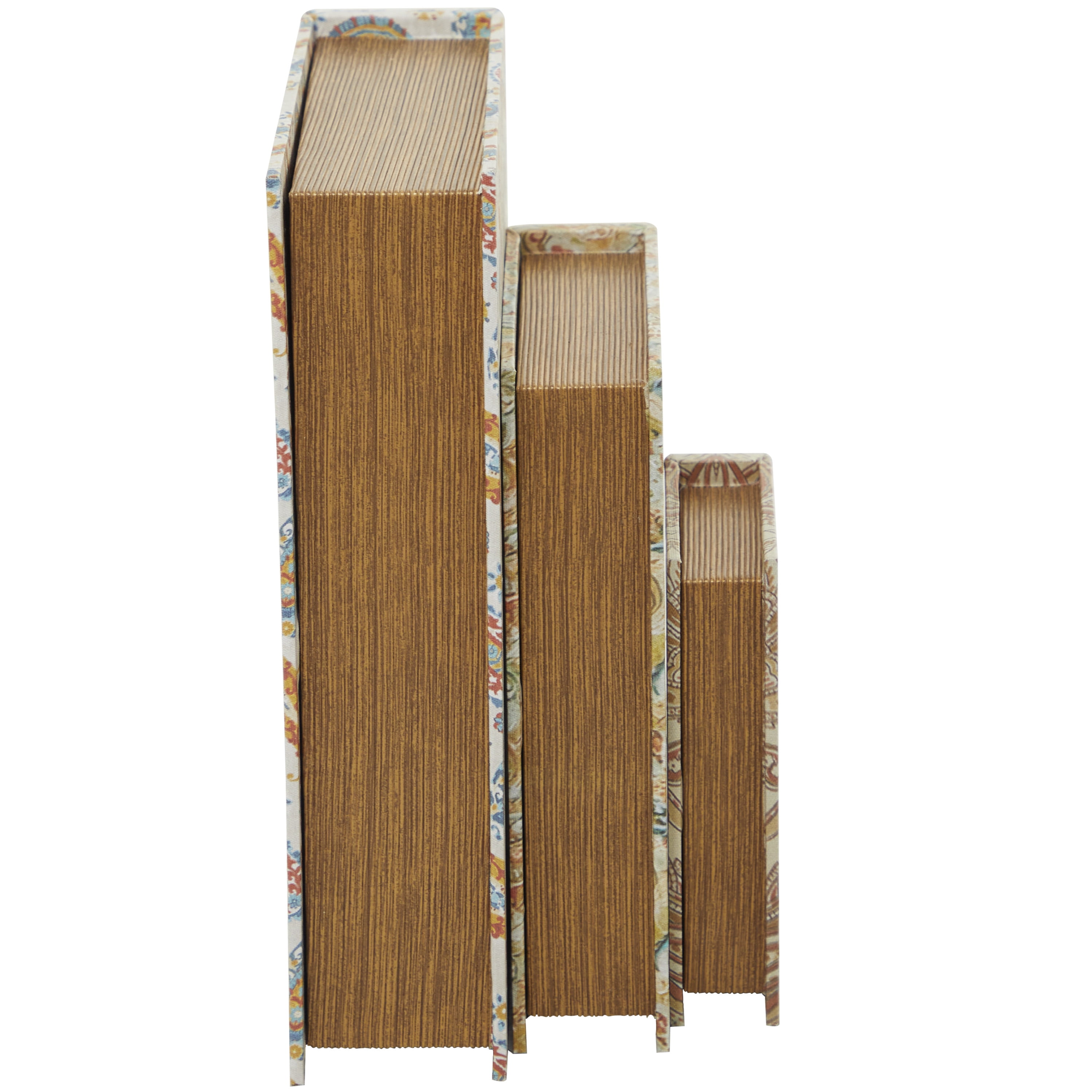 DecMode Faux Book Cream Canvas Decorative Box with Varying Patterns, 3 Count