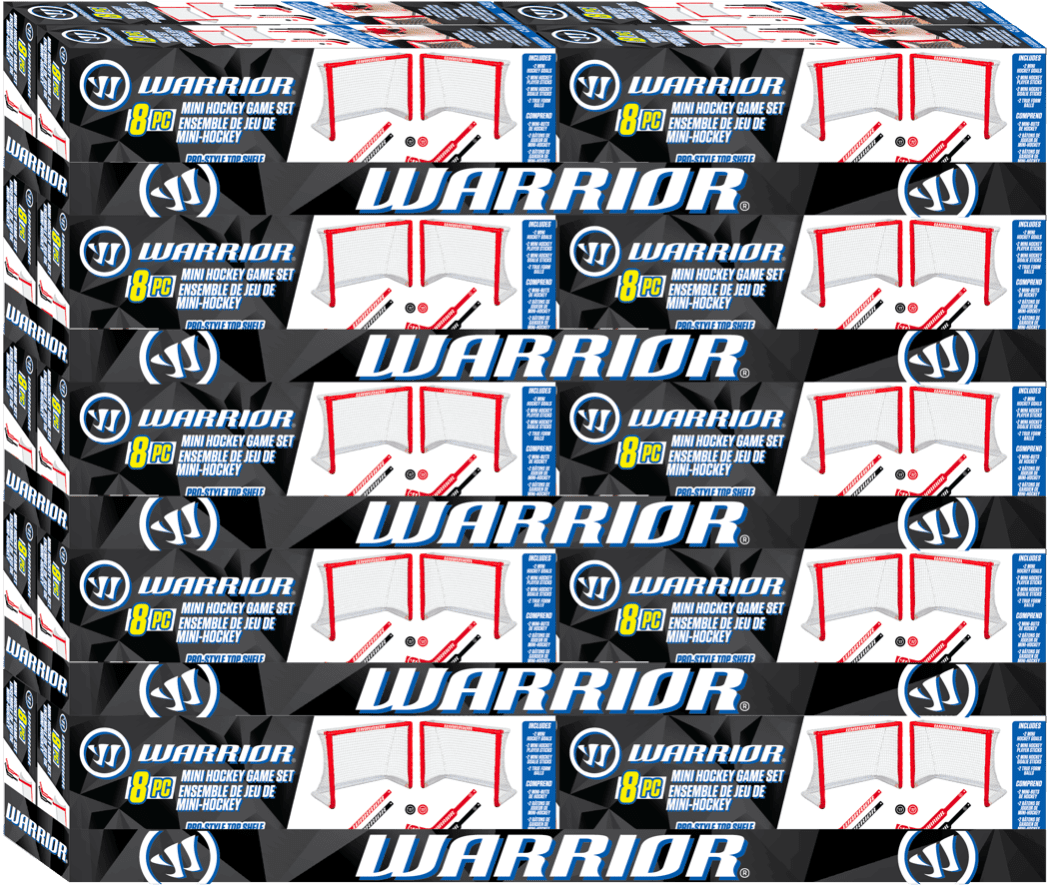 Ensemble de mini-jeu de hockey Warrior Hockey - 8 pc - 2 mini-filets de hockey de 28 po avec tablette supérieure, 2 mini-bâtons de joueur de hockey, 2 mini-bâtons de gardien de but de hockey, 2 balles