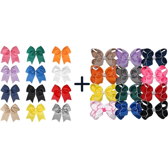 JoyBowie 24 pcs 4.5 inch Grosgrain Hair Bows, Solid & Lace Trim Alligator Clips for Girls