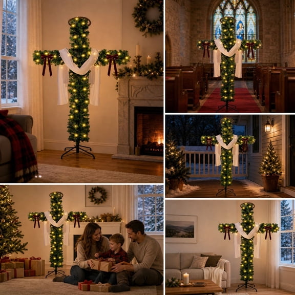 (Clearance)180cm Foldable Cross Christmas Tree with LED Lights - Outdoor Staked Twinkling Artificial Tree for Home & Garden Decor
