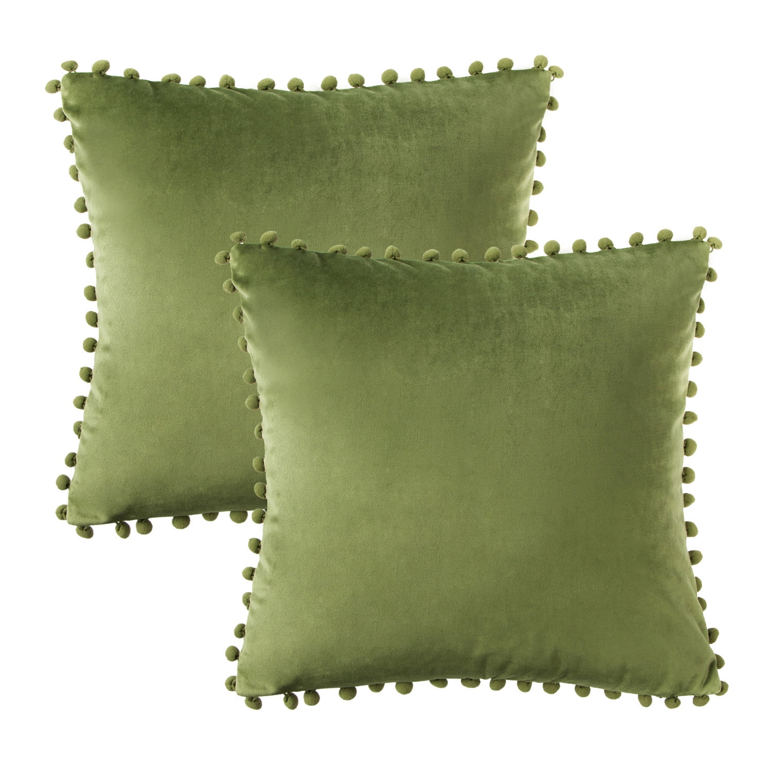 Phantoscope Pom Pom Velvet Series Decorative Throw Pillow, 18" x 18", Green, 2 Pack