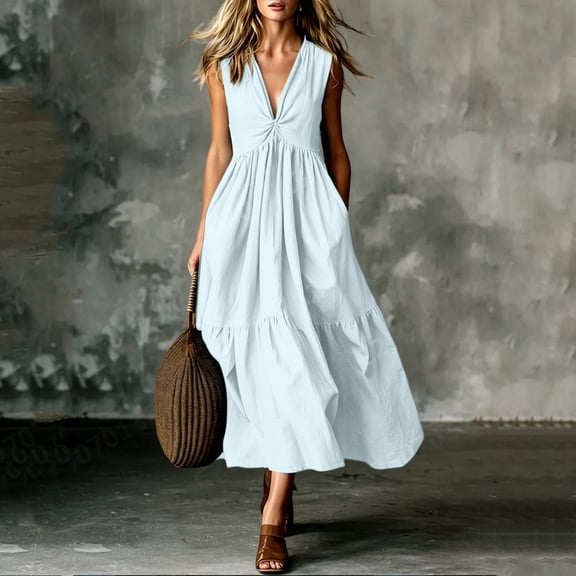 QUNYINEY Blue Dresses for Women Sleeveless A Line Cotton Long Sundress Flowy Summer Loose Fit V Neck Dresses