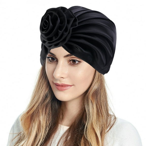 Holzkary Turbans for Women Head Wraps for Black Women Stretch 2025 Trendy Women Muslim Turban Flowers Hair Bonnet Head Scarf Wrap Cover Black One Size