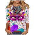 thumbnail image 2 of Cavosen Mardi Gras Womens Casual Tops 3/4 Sleeves Carnival Mask Graphic Print Shirts Crewneck Party Festival Blouse Loose Trendy Holiday Tops Dressy Party Funny Tees Purple XL, 2 of 5