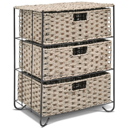 3 Rattan Wicker Storage Drawer Unit Baskets Bin Chest Organizer