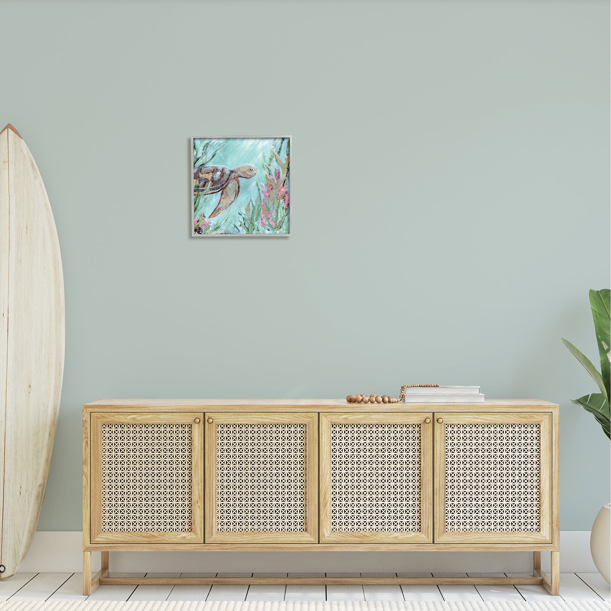 Stupell Underwater Sea Turtle Swimming Coral Landscape Painting Gray Framed Art Print Wall Art
