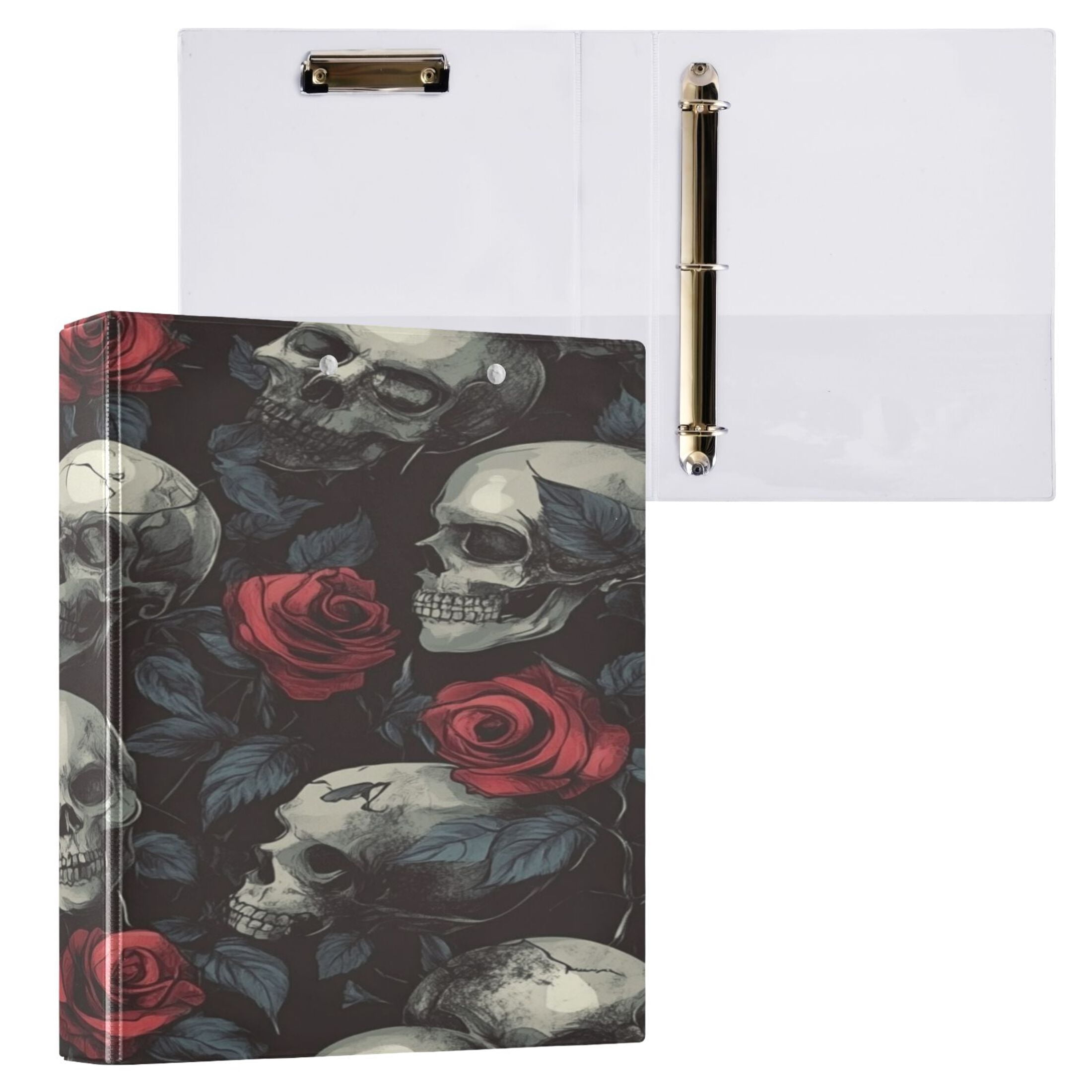 WOBOGO Skull Red Roses Pattern File Folders Extra Large Capacity to Hold 200 Sheets of Documents Hard Shell Ring Binder for School Home Office