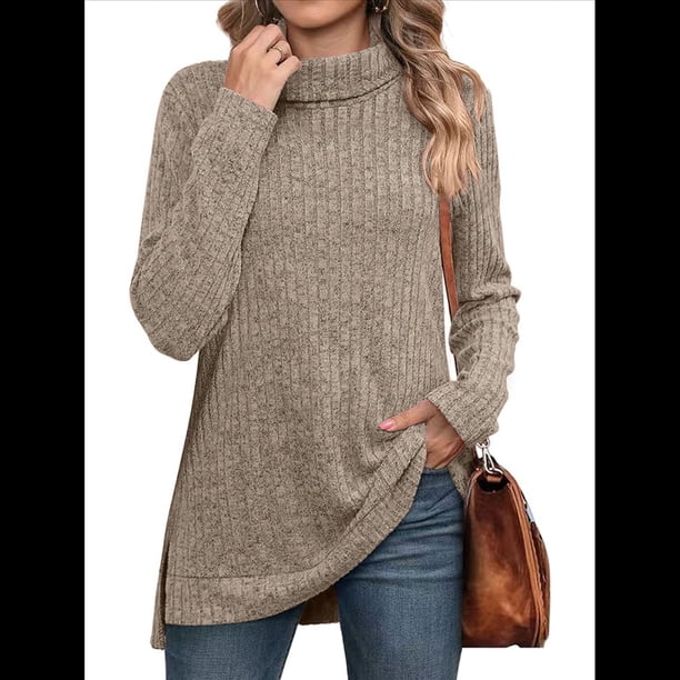 Tops Tipo Túnica para Mujer, Cuello Alto, Larga, Suéteres Oversize de Otoño, Abertura Lateral, Dobladillo Alto-Bajo Café XXL
