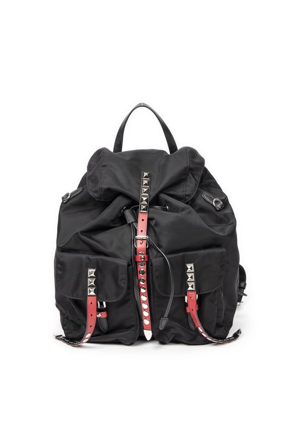 Pre-Owned Prada Black/Red Studded Drawstring Backpack Backpack Studded Nylon Canvas