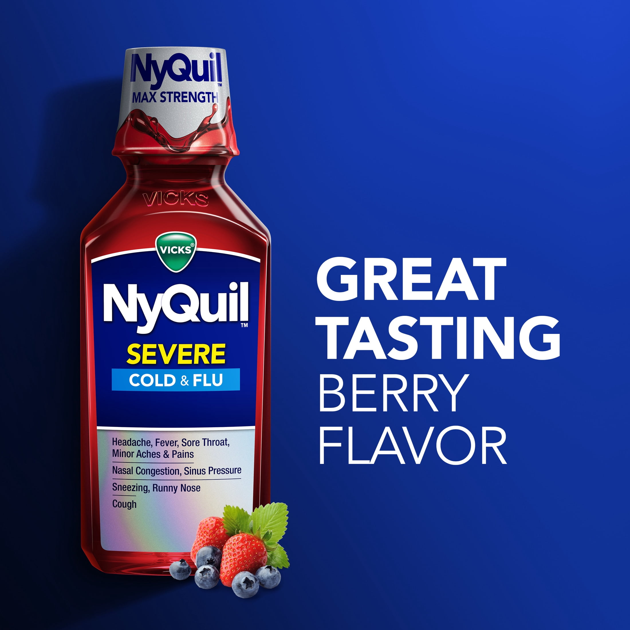 Vicks NyQuil SEVERE Cold & Flu Liquid, Nighttime Cold and Flu Medicine, Berry, 2x12 fl oz