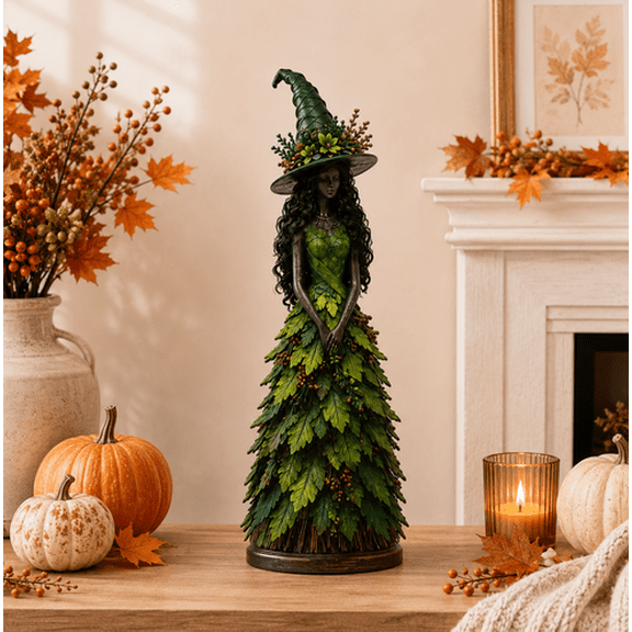 Enchanted Autumn Witch Figurine, Fall Witch Decor Halloween Tabletop Statue with Leaf Gown, Seasonal Resin Witch Decoration for Mantel Shelf Home Golden Harvest