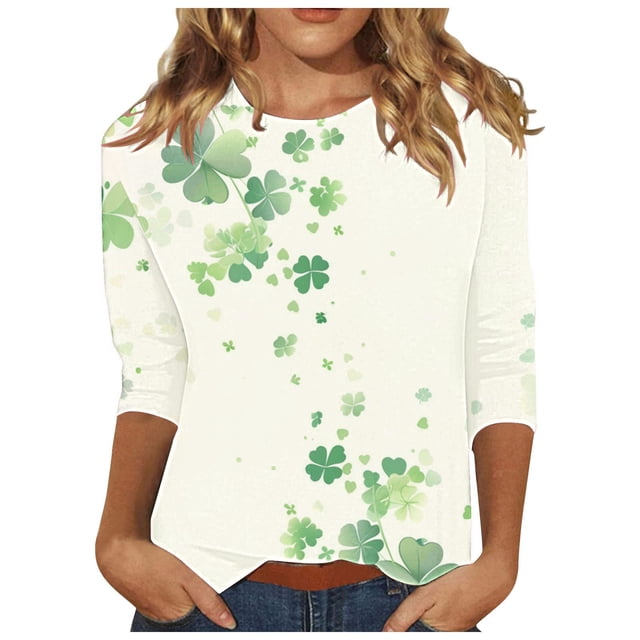 Diufon T-Shirts de la Saint-Patrick pour Femmes, Grande Taille, Imprimé Trèfle, Manches 3/4, Col Rond