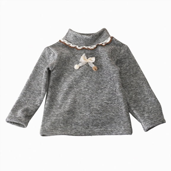 YDFCWXW Girls Cotton Turtleneck T-Shirt Bowknot Long Sleeve Pullover Loose Base Layer Tops 1-11 (Grey, 7-8 Years)