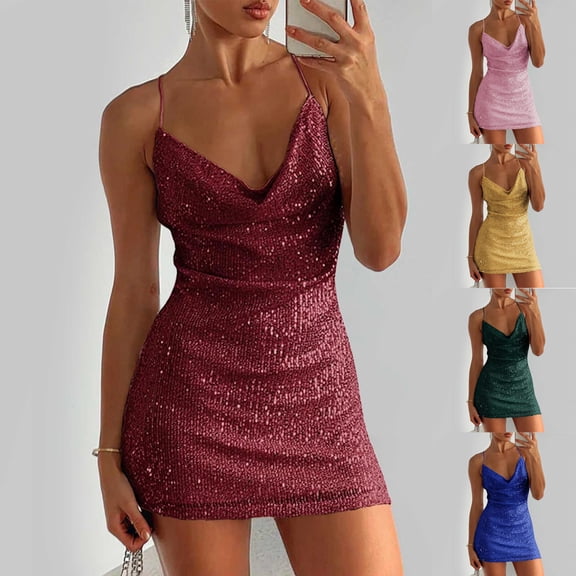 Sexy Sequin Dresses for Women Mini Dress Sleeveless Bodycon Dress Women Slim Fit Shinny Short Evening Party Club Mini Dress