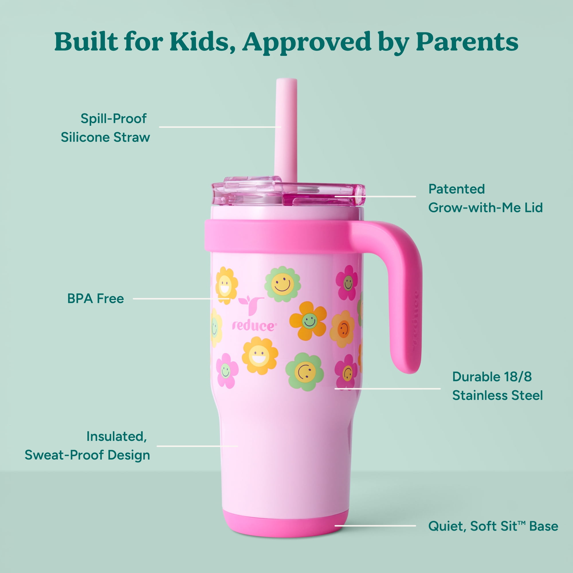 (3 pack) Reduce Coldee Kids Insulated Tumbler with Straw, 18oz Stainless Steel Spill-Proof Cup with Handle, Smiles