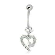 AVORA 10K White Gold Simulated Diamond CZ Dangling Double Heart Belly Button Ring Body Jewelry (14 Gauge)