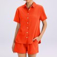 thumbnail image 5 of Laqbezok Women's Waffle Knit 2-Piece Set, Casual Short Sleeve Button Down Shirt and High Waisted Drawstring Shorts Outfit, Textured Summer Lounge Set with Pockets, 5 of 5