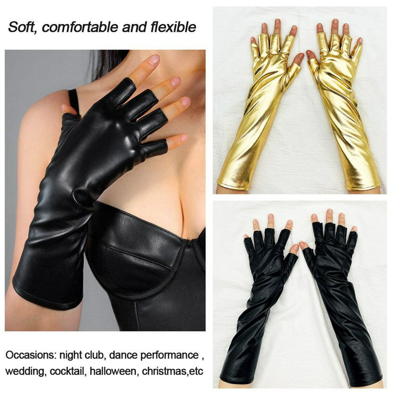 Women Thin Long Solid Color Pu Leather Elasticity Fingerless Mittens  Cosplay Gloves Leather Gloves Arm Sleeve SILVER 