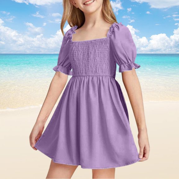 Jizhanggg Summer Girls Chiffon Ruffle Dress Square Neck Short Sleeve Solid A Line Dress Dresses for A Dance for School Kids Girls Sweaters Girls Casual Dresses Size 8 Party Dresses for Baby Flower