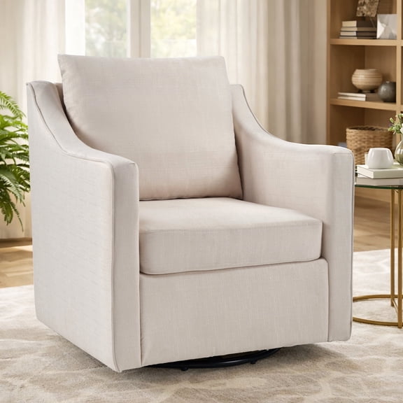 EBELLO Upholstered Accent Chair, Yarn-Dyed Fabric Swivel Chair, Modern Minimalist Armchair with Lumbar Pillow (Single Pack, White)