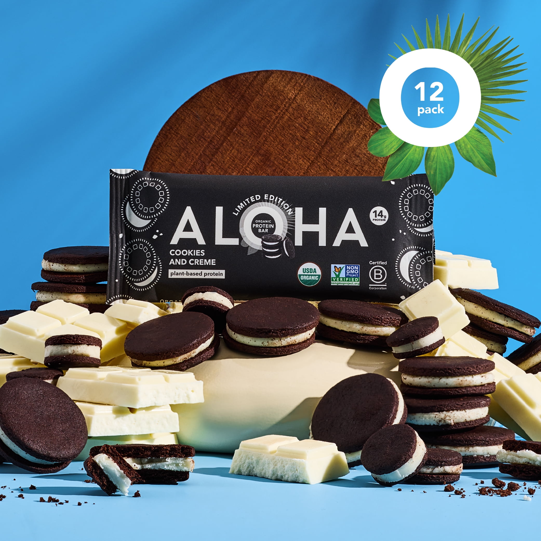 ALOHA, Organic Plant Based Protein Bars, Cookies and Creme, 14g Protein (Pack of 12)