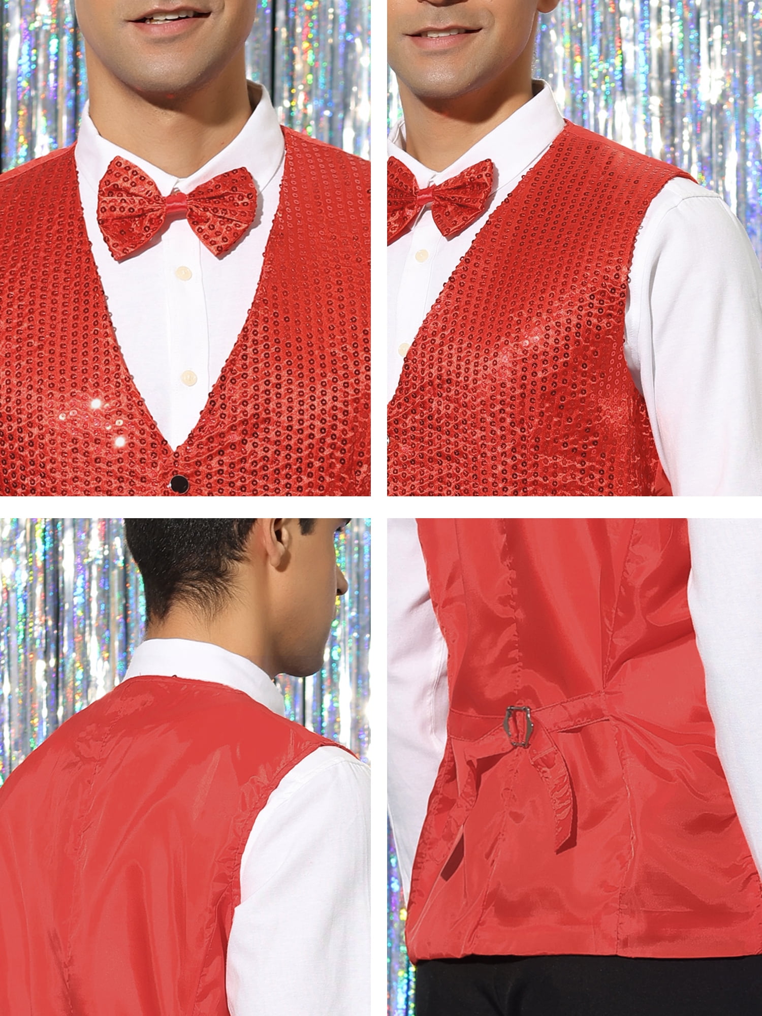Unique Bargains Men's Sequin Waistcoat Sleeveless Dress Suit Vest with Bow Tie S Red