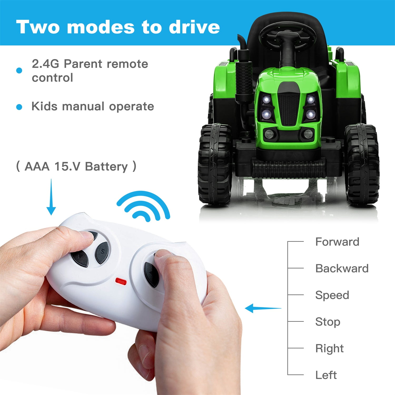 CIPACHO 12V Ride On Tractor with Trailer, Electric Kids Car with 2.4RC, 3 Speed Adjustable, USB, MP3, Power Display, 2 Point Safety Belt, Green CIPACHO 12V Ride On Tractor with Trailer, Electric Kids Car with 2.4RC, 3 Speed Adjustable, USB, MP3, Power Display, 2 Point Safety Belt, Green