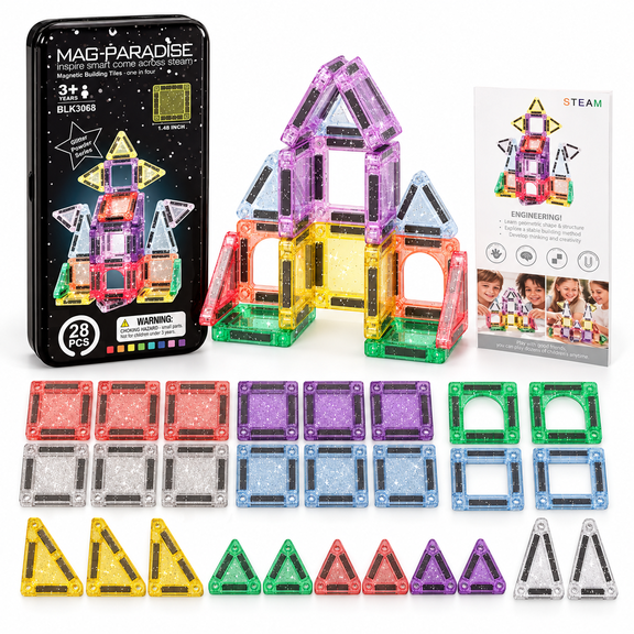 28-Piece Mini Glitter Magnetic Tiles Building Set with Storage Tin, Ages 3