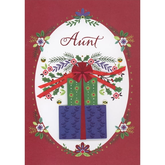 Designer Greetings 3D Die Cut Blue and Green Gifts with Red Bow Over Oval Shape with Floral Accents Hand Decorated Christmas Card for Aunt