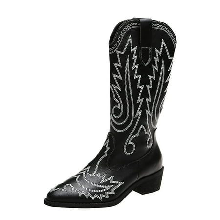 

Women s Embroidered Western Cowboy Boots Knee High Stitching Almond Medium Heel Chunky Heel 3cm Pointed Toe Fashion Retro Classic Boot Pull-On