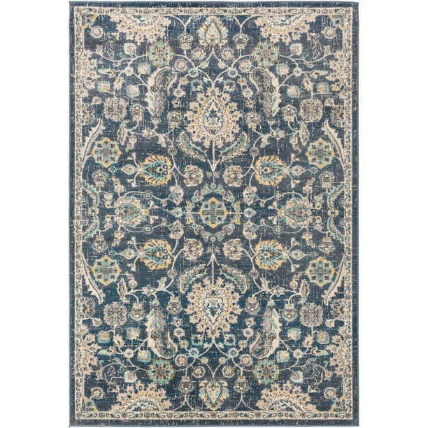 2.5' x 7.25' Floral Marine Blue and Yellow Rectangular Area Throw Rug Runner