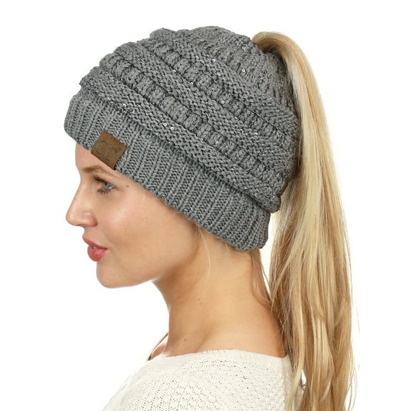 C.C BeanieTail Sparkly Sequin Cable Knit Messy High Bun Ponytail Beanie Hat, Light Melange Gray