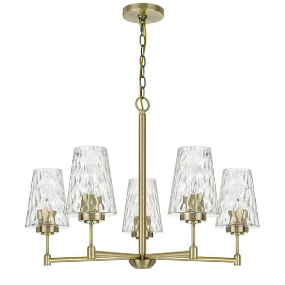 60W X 5 Crestwood Metal Chandelier With Textured Glass Shades, Antique Brass