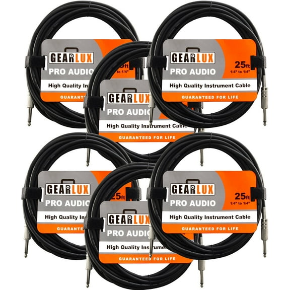 Gearlux Instrument Cable, Black, 25 Foot - 6 Pack