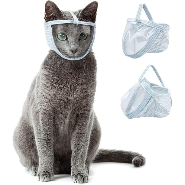 Paquete de 2 bozales para gatos para el aseo, corte de uñas y baño, casco de sujeción de malla transpirable para gatos, protector facial transparente para gatos, máscara ajustable para perros peq