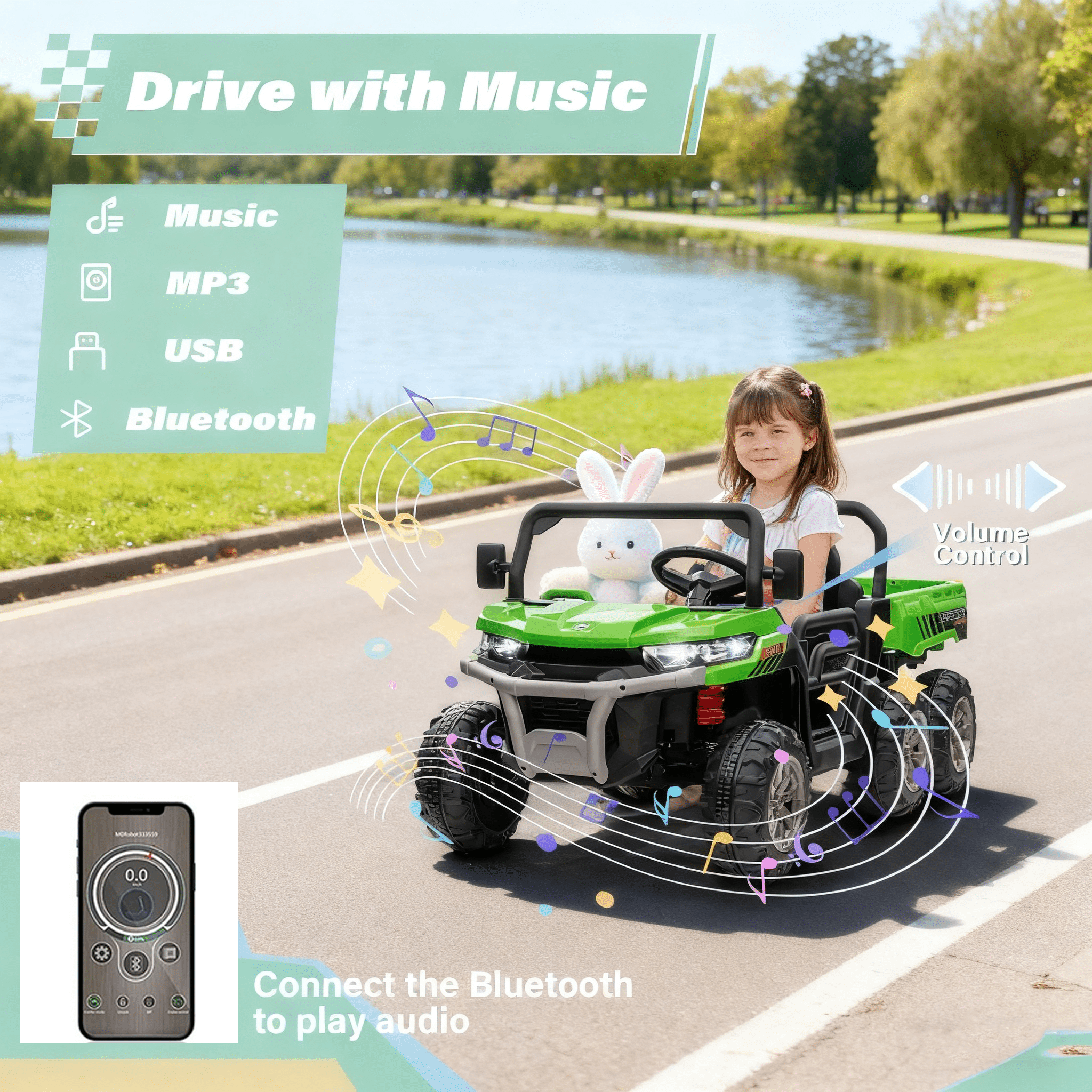 Jorfly 4WD 24V Ride-On Truck with Dump Bed&nbsp;– Power Car Wheels 2-Seater 800W Powered UTV with Remote Control, Bluetooth & LED Lights (Green)