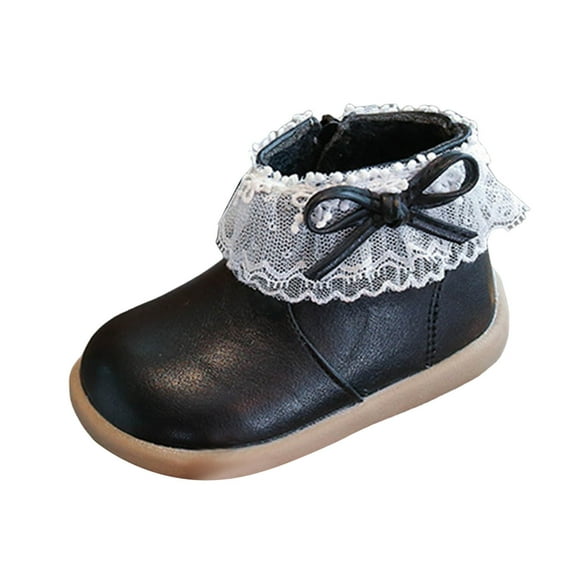 Kids Girls Flat Ankle Boots Toddler Fashion Lace Trimmed Fleece Lined Leather Winter Boots Non Slip Walking ShoesBlack Size 6.5 Toddler